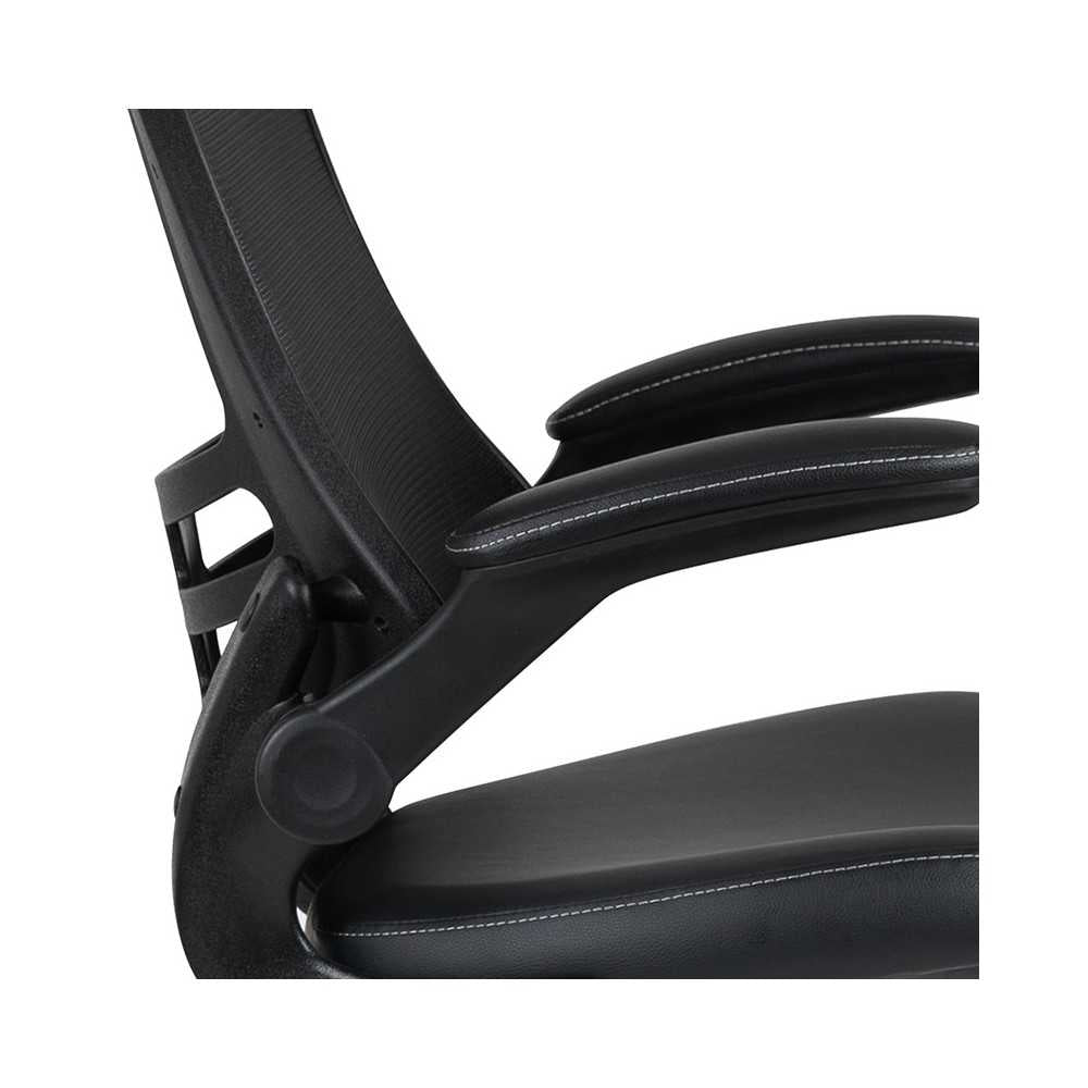 Mid-Back Black Mesh Ergonomic Drafting Chair with LeatherSoft Seat, Adjustable Foot Ring and Flip-Up Arms