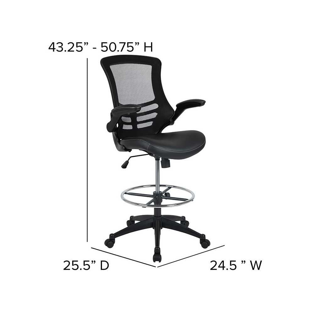 Mid-Back Black Mesh Ergonomic Drafting Chair with LeatherSoft Seat, Adjustable Foot Ring and Flip-Up Arms