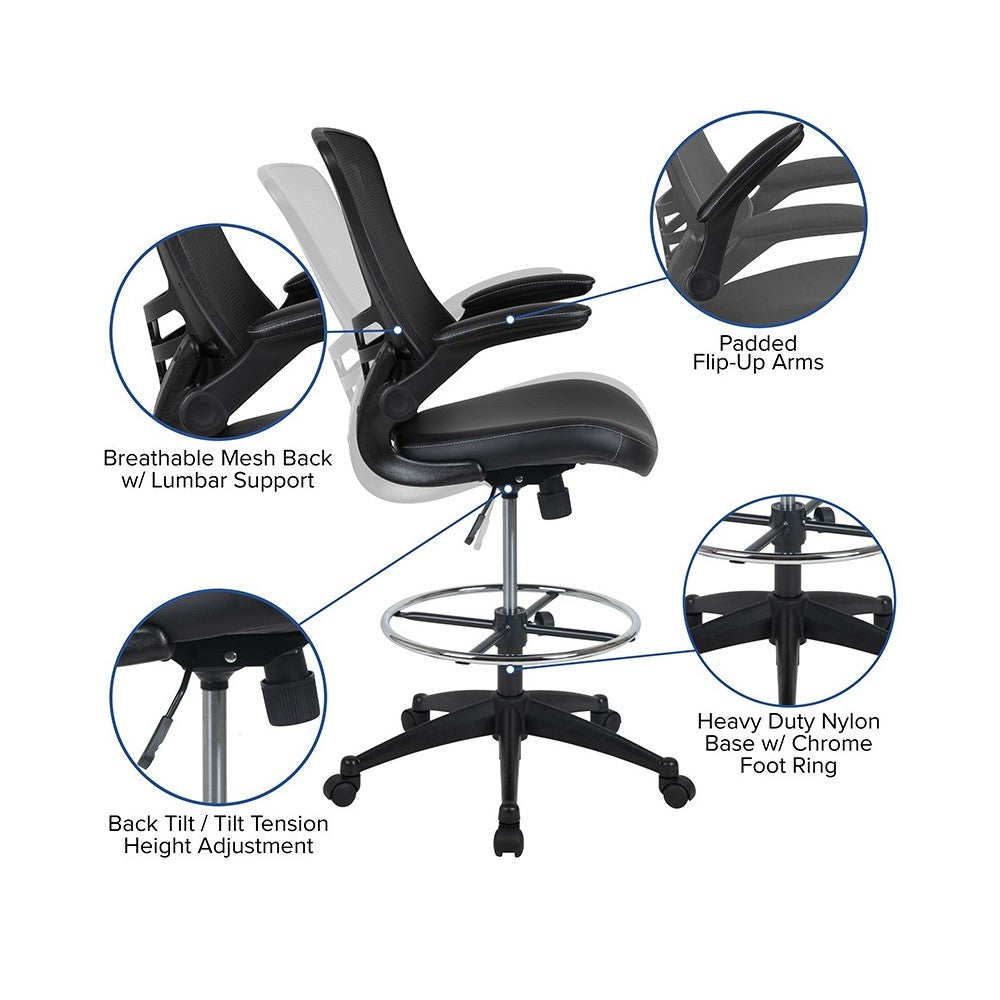 Mid-Back Black Mesh Ergonomic Drafting Chair with LeatherSoft Seat, Adjustable Foot Ring and Flip-Up Arms