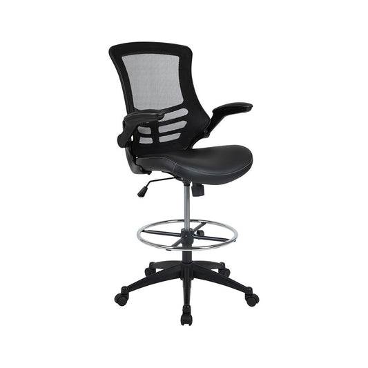 Mid-Back Black Mesh Ergonomic Drafting Chair with LeatherSoft Seat, Adjustable Foot Ring and Flip-Up Arms