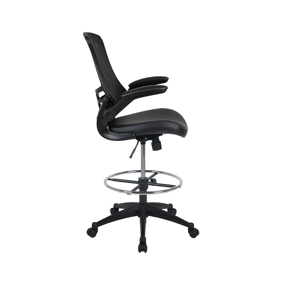 Mid-Back Black Mesh Ergonomic Drafting Chair with LeatherSoft Seat, Adjustable Foot Ring and Flip-Up Arms