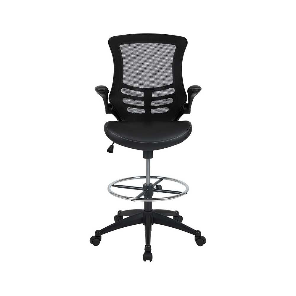 Mid-Back Black Mesh Ergonomic Drafting Chair with LeatherSoft Seat, Adjustable Foot Ring and Flip-Up Arms