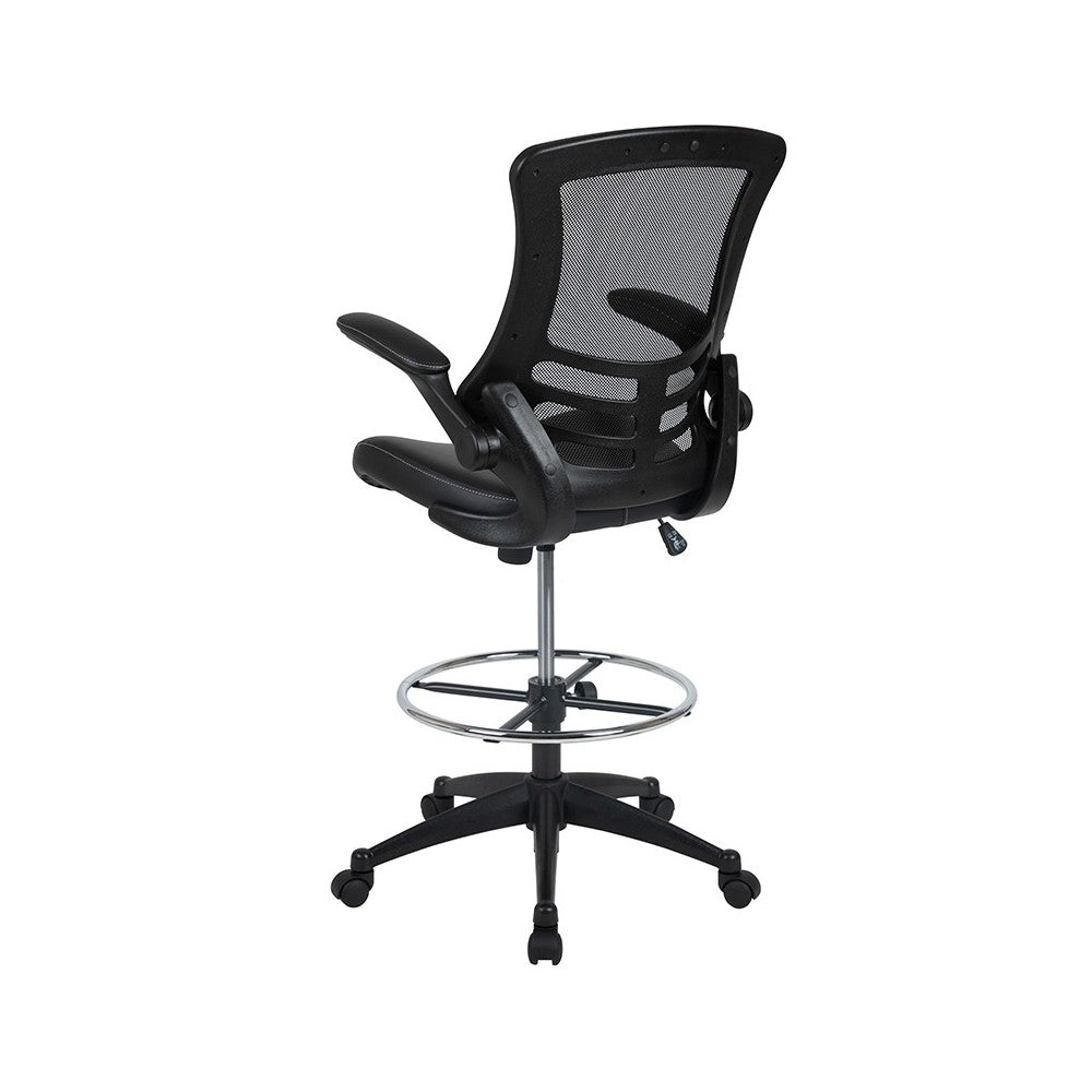 Mid-Back Black Mesh Ergonomic Drafting Chair with LeatherSoft Seat, Adjustable Foot Ring and Flip-Up Arms
