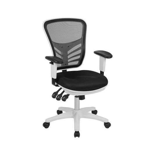 Mid-Back Black Mesh Multifunction Executive Swivel Ergonomic Office Chair with Adjustable Arms and White Frame