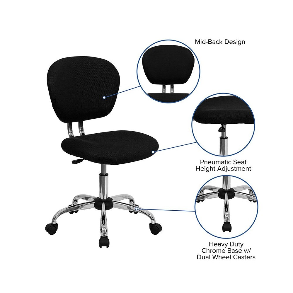 Mid-Back Black Mesh Padded Swivel Task Office Chair with Chrome Base