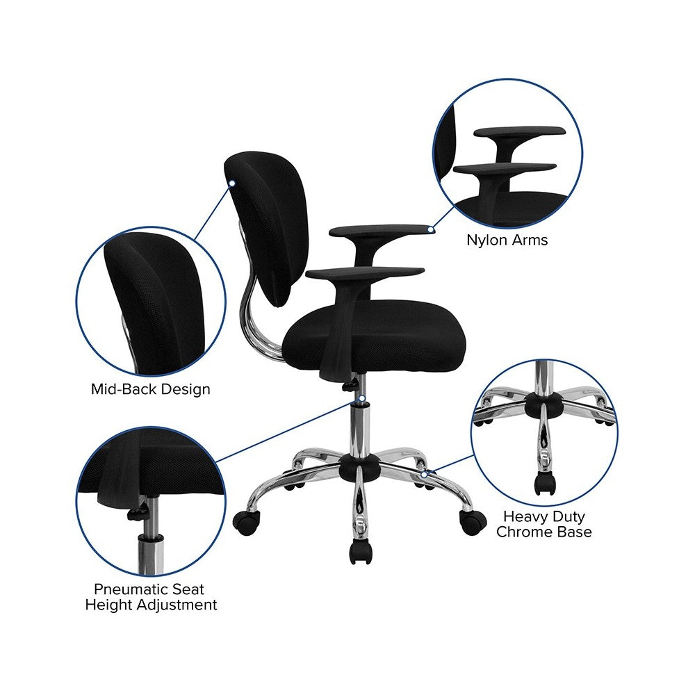 Mid-Back Black Mesh Padded Swivel Task Office Chair with Chrome Base and Arms