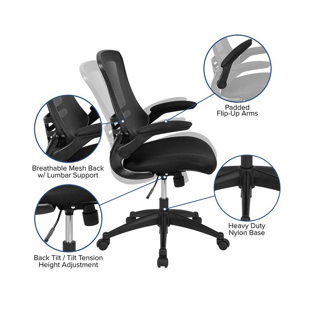 Mid-Back Black Mesh Swivel Ergonomic Task Office Chair with Flip-Up Arms, BIFMA Certified