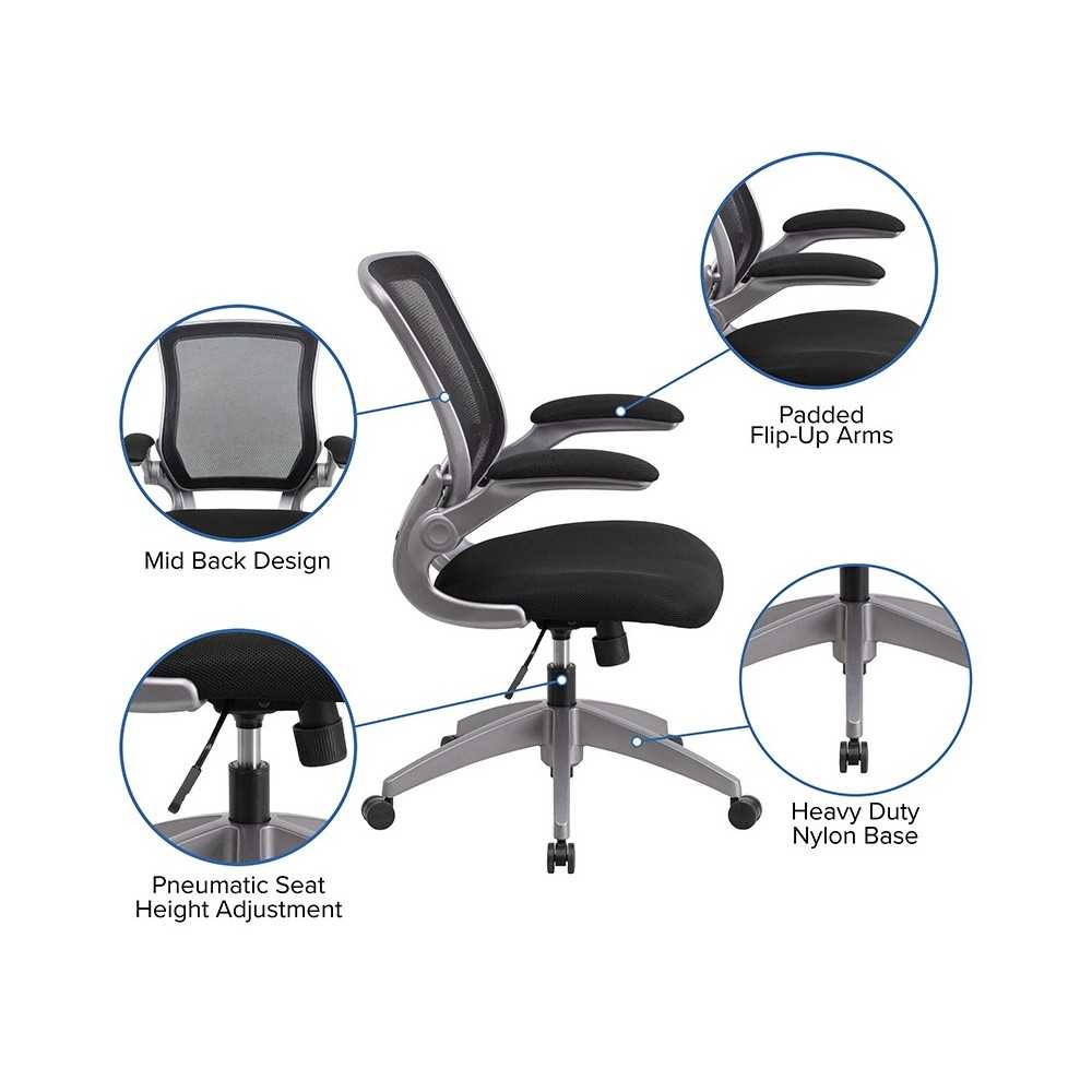 Mid-Back Black Mesh Swivel Ergonomic Task Office Chair with Gray Frame and Flip-Up Arms