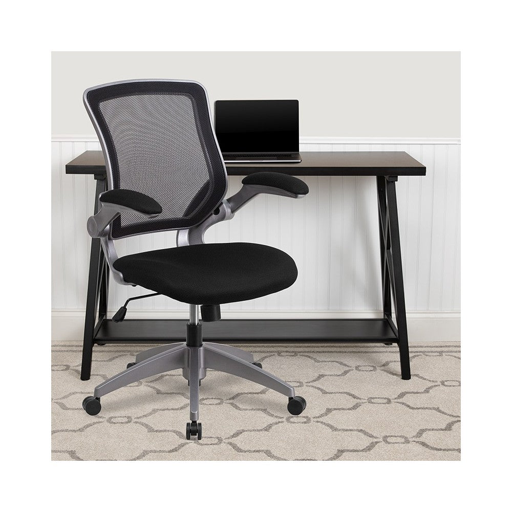 Mid-Back Black Mesh Swivel Ergonomic Task Office Chair with Gray Frame and Flip-Up Arms