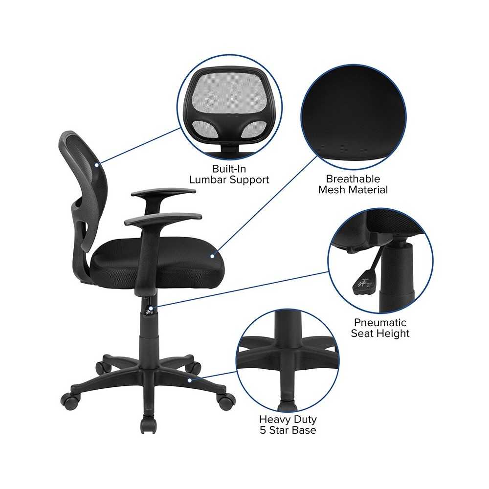 Mid-Back Black Mesh Swivel Ergonomic Task Office Chair with T-Arms - Desk Chair, BIFMA Certified