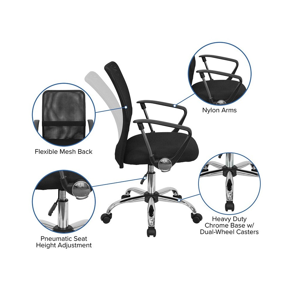 Mid-Back Black Mesh Swivel Task Office Chair with Lumbar Support Band and Arms