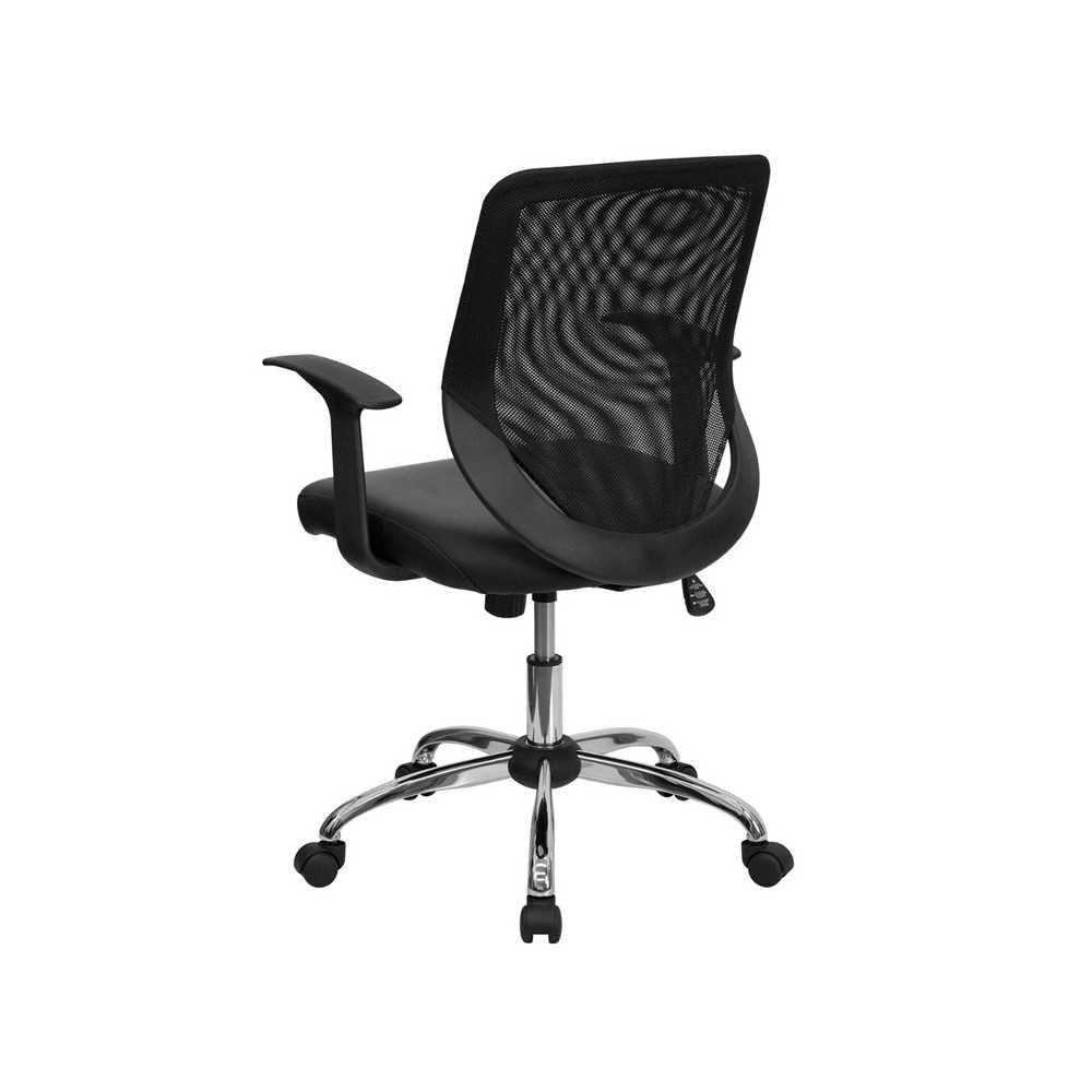 Mid-Back Black Mesh Tapered Back Swivel Task Office Chair with LeatherSoft Seat, Chrome Base and T-Arms
