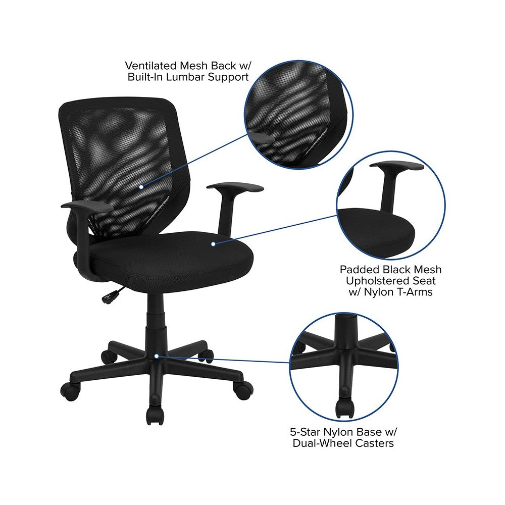 Mid-Back Black Mesh Tapered Back Swivel Task Office Chair with T-Arms