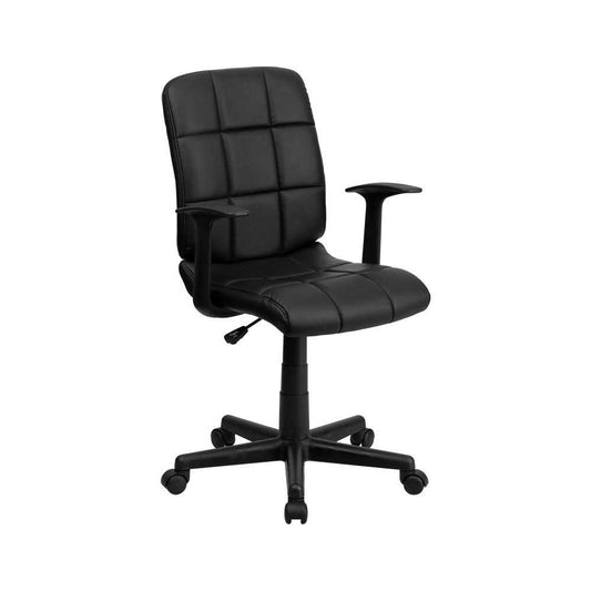 Mid-Back Black Quilted Vinyl Swivel Task Office Chair with Arms