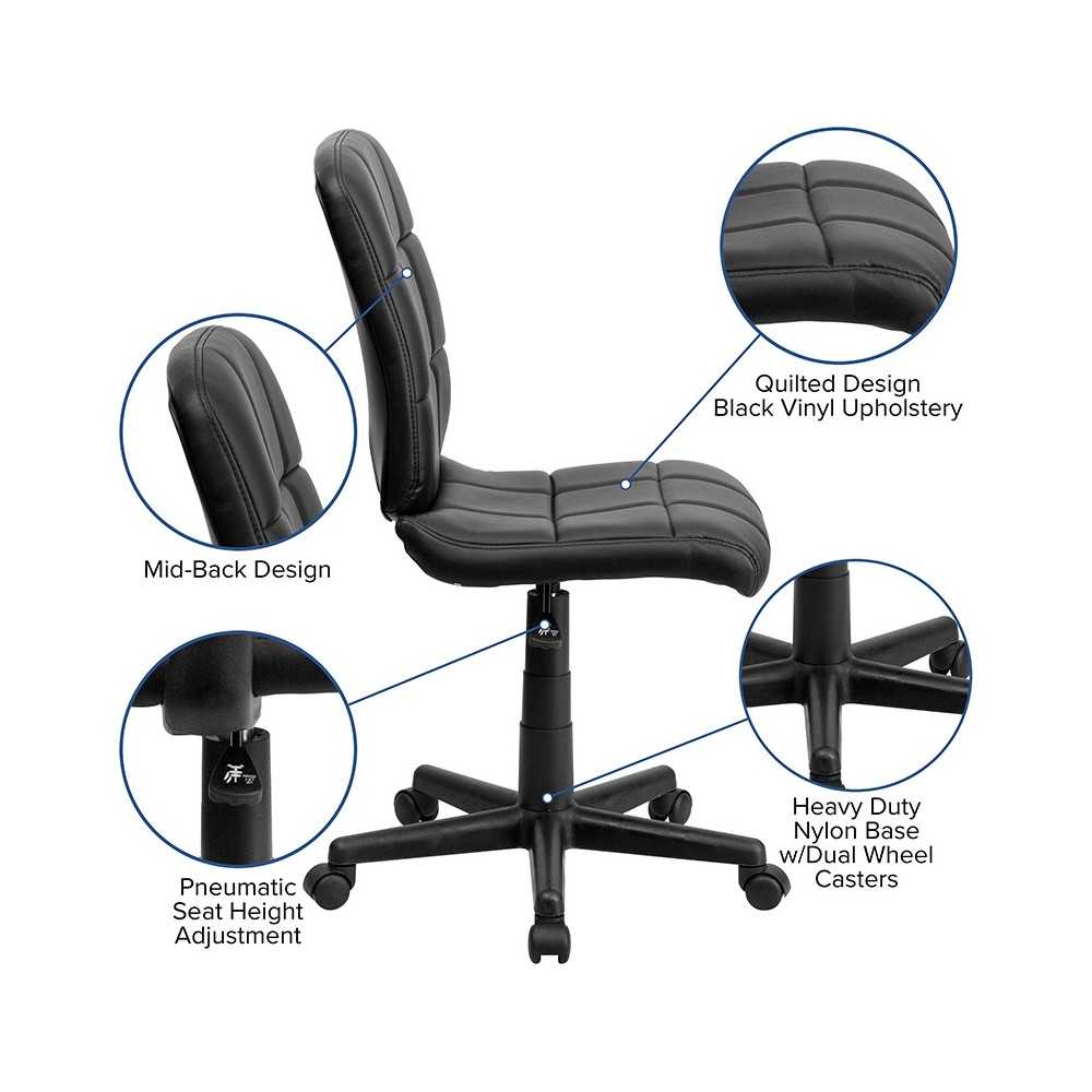 Mid-Back Black Quilted Vinyl Swivel Task Office Chair