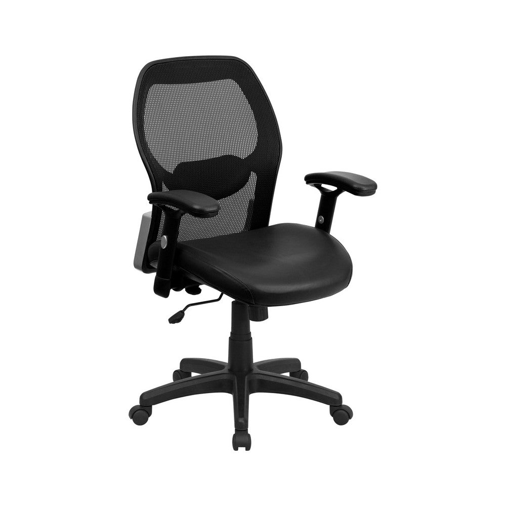 Mid-Back Black Super Mesh Executive Swivel Office Chair with LeatherSoft Seat and Adjustable Lumbar & Arms