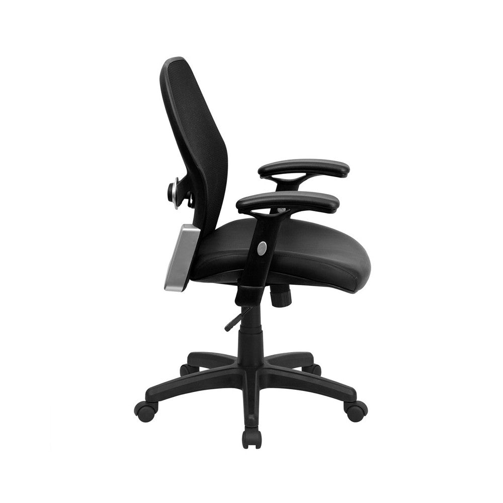 Mid-Back Black Super Mesh Executive Swivel Office Chair with LeatherSoft Seat and Adjustable Lumbar & Arms