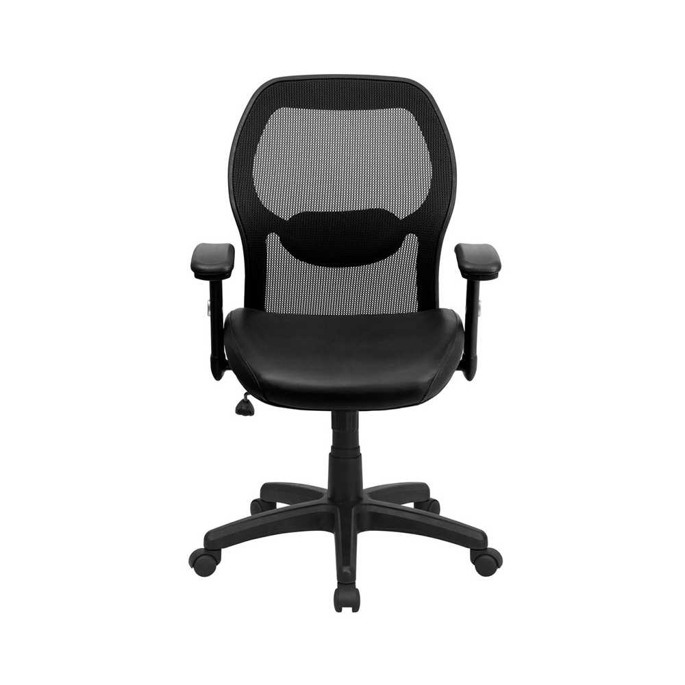 Mid-Back Black Super Mesh Executive Swivel Office Chair with LeatherSoft Seat and Adjustable Lumbar & Arms