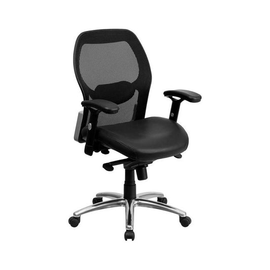Mid-Back Black Super Mesh Executive Swivel Office Chair with LeatherSoft Seat, Knee Tilt Control and Adjustable Lumbar & Arms