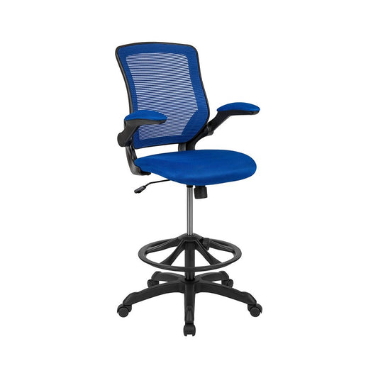 Mid-Back Blue Mesh Ergonomic Drafting Chair with Adjustable Foot Ring and Flip-Up Arms