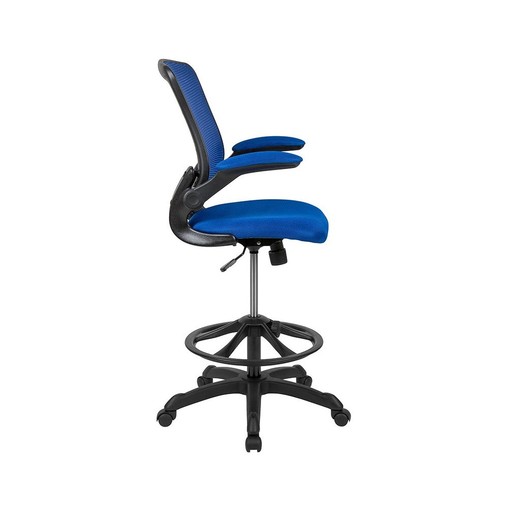 Mid-Back Blue Mesh Ergonomic Drafting Chair with Adjustable Foot Ring and Flip-Up Arms