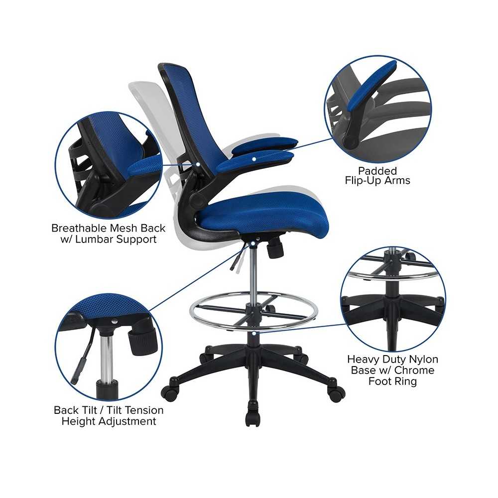 Mid-Back Blue Mesh Ergonomic Drafting Chair with Adjustable Foot Ring and Flip-Up Arms