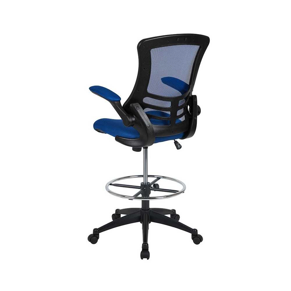 Mid-Back Blue Mesh Ergonomic Drafting Chair with Adjustable Foot Ring and Flip-Up Arms