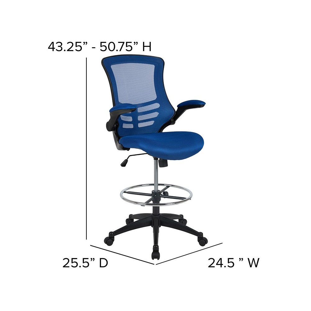 Mid-Back Blue Mesh Ergonomic Drafting Chair with Adjustable Foot Ring and Flip-Up Arms