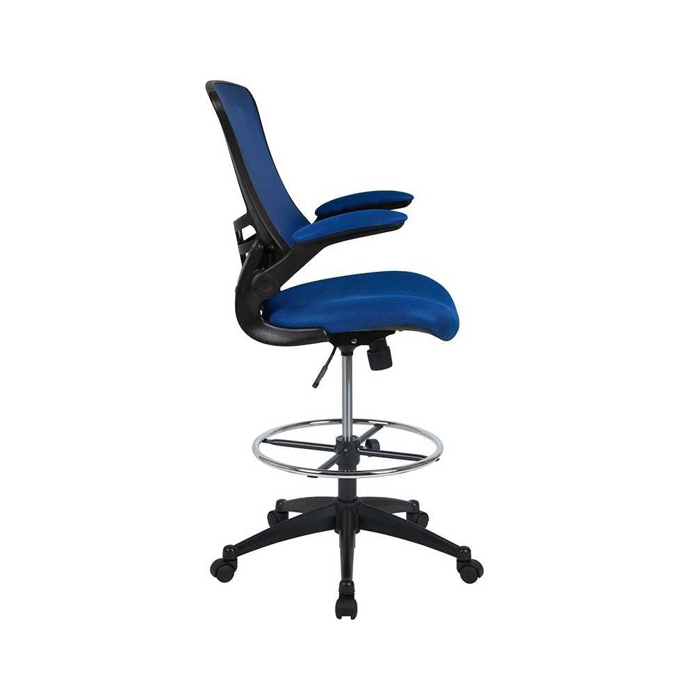 Mid-Back Blue Mesh Ergonomic Drafting Chair with Adjustable Foot Ring and Flip-Up Arms