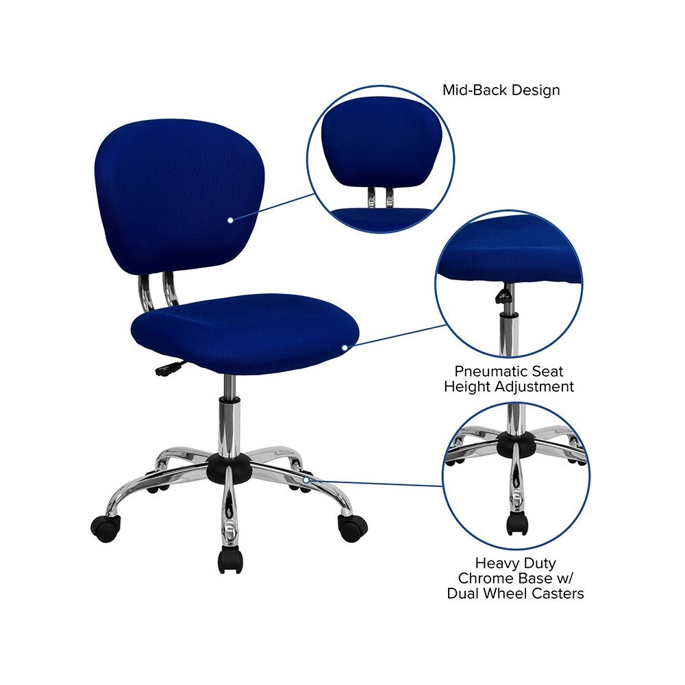 Mid-Back Blue Mesh Padded Swivel Task Office Chair with Chrome Base