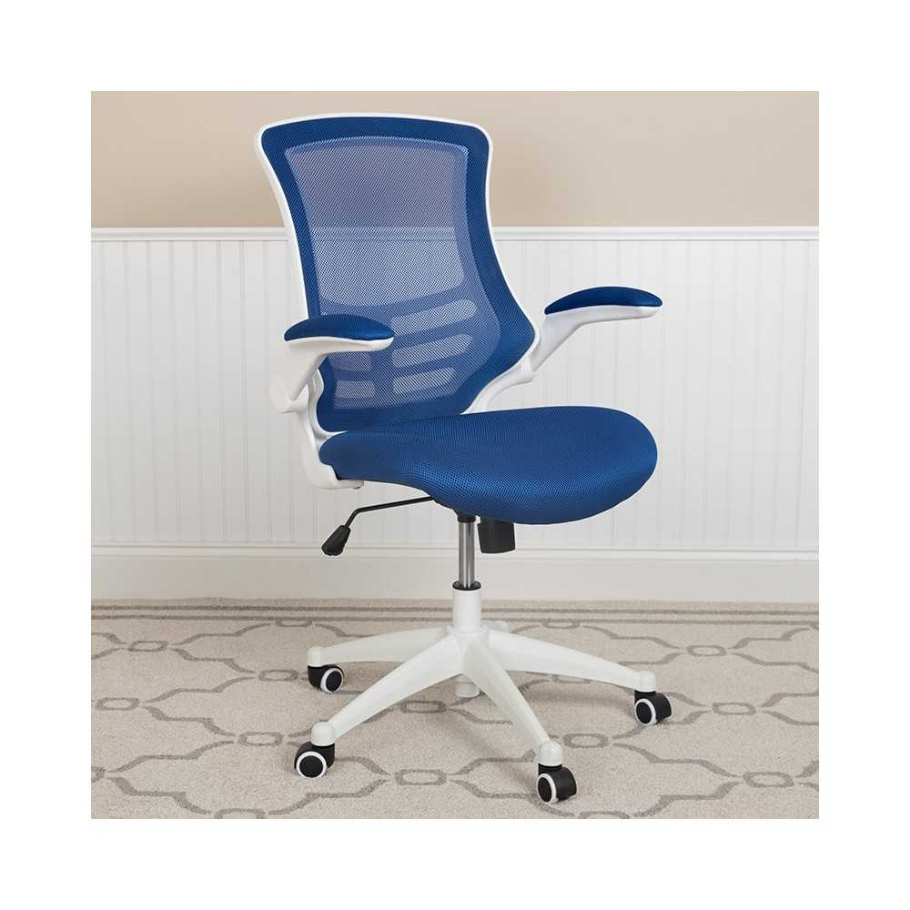 Mid-Back Blue Mesh Swivel Ergonomic Task Office Chair with White Frame and Flip-Up Arms
