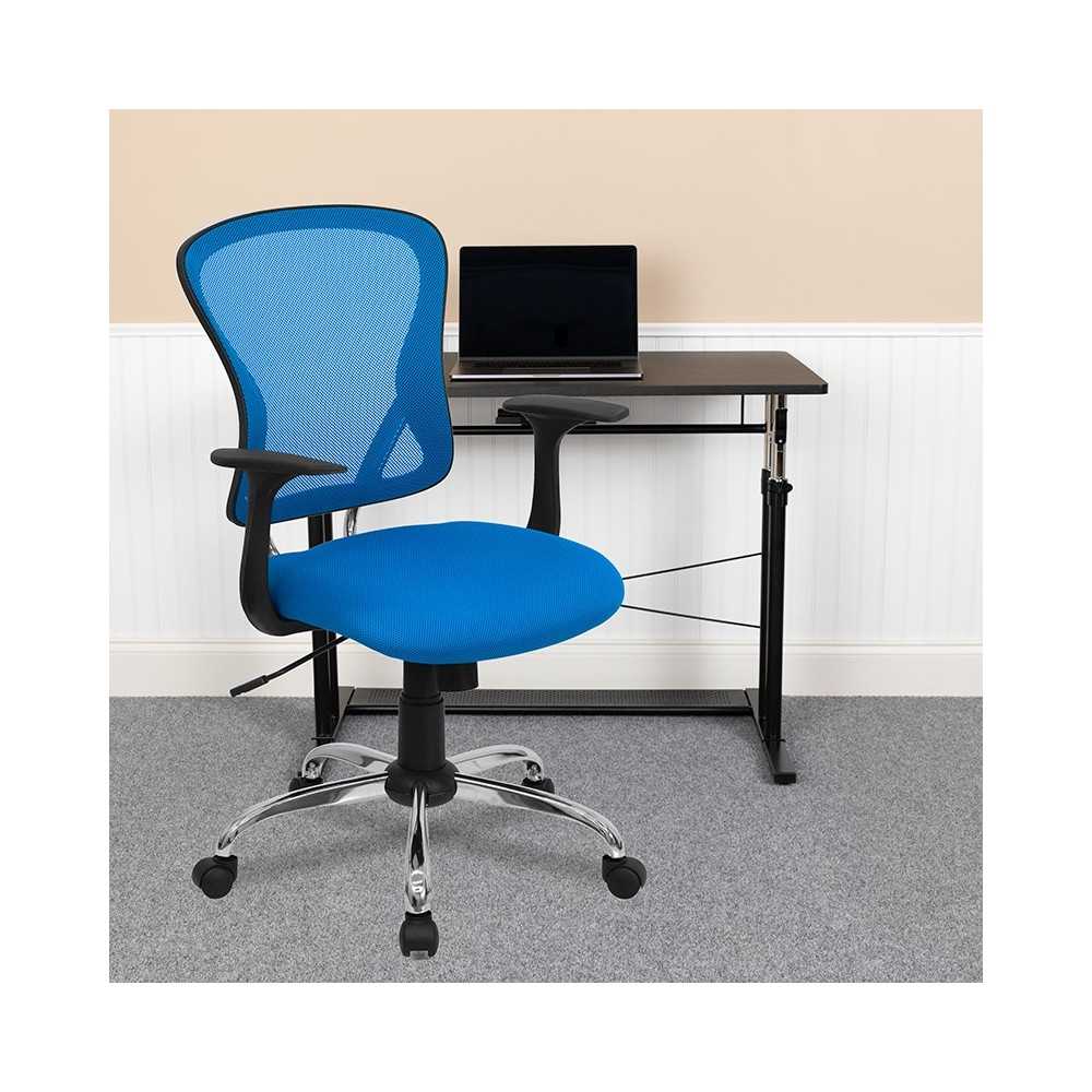 Mid-Back Blue Mesh Swivel Task Office Chair with Chrome Base and Arms