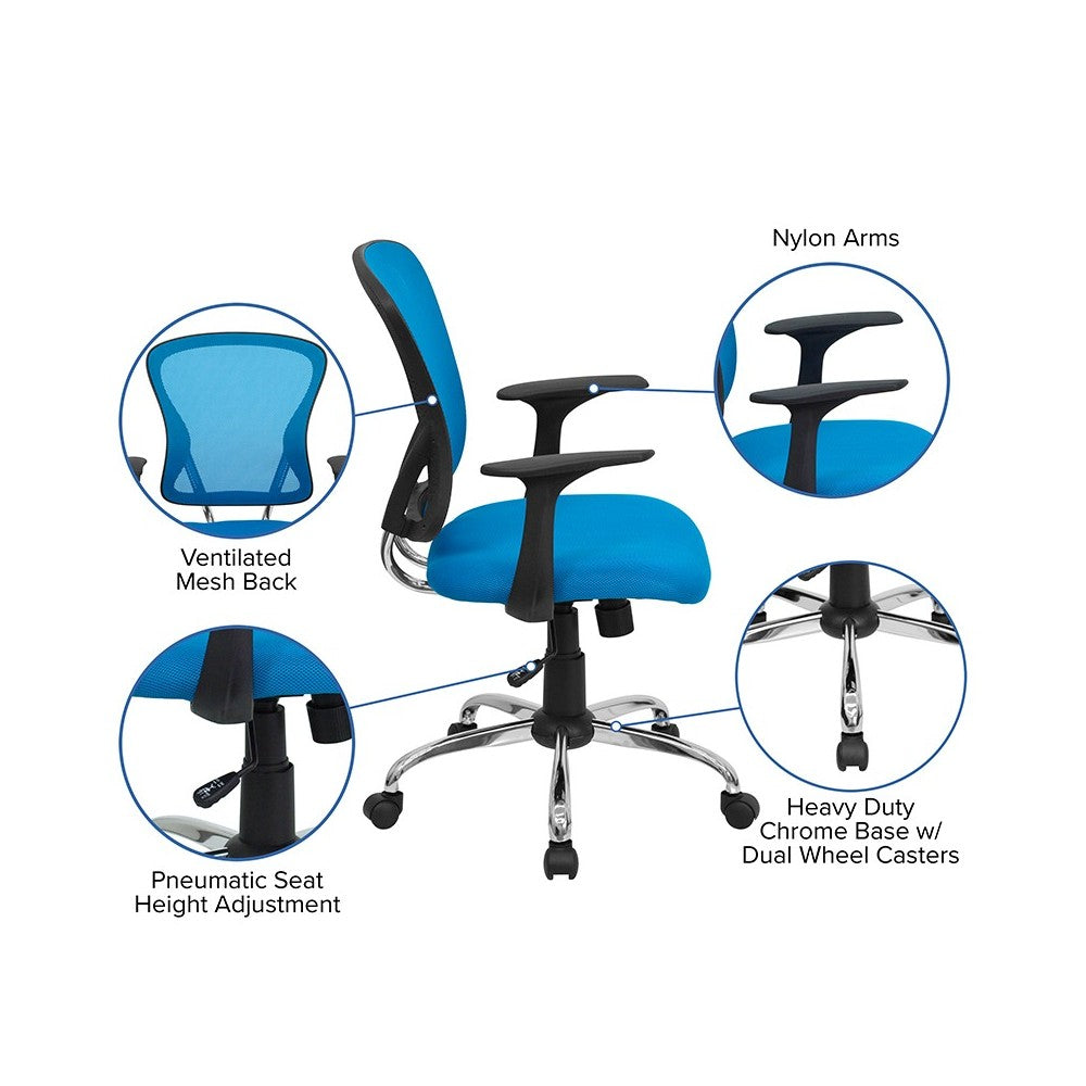 Mid-Back Blue Mesh Swivel Task Office Chair with Chrome Base and Arms