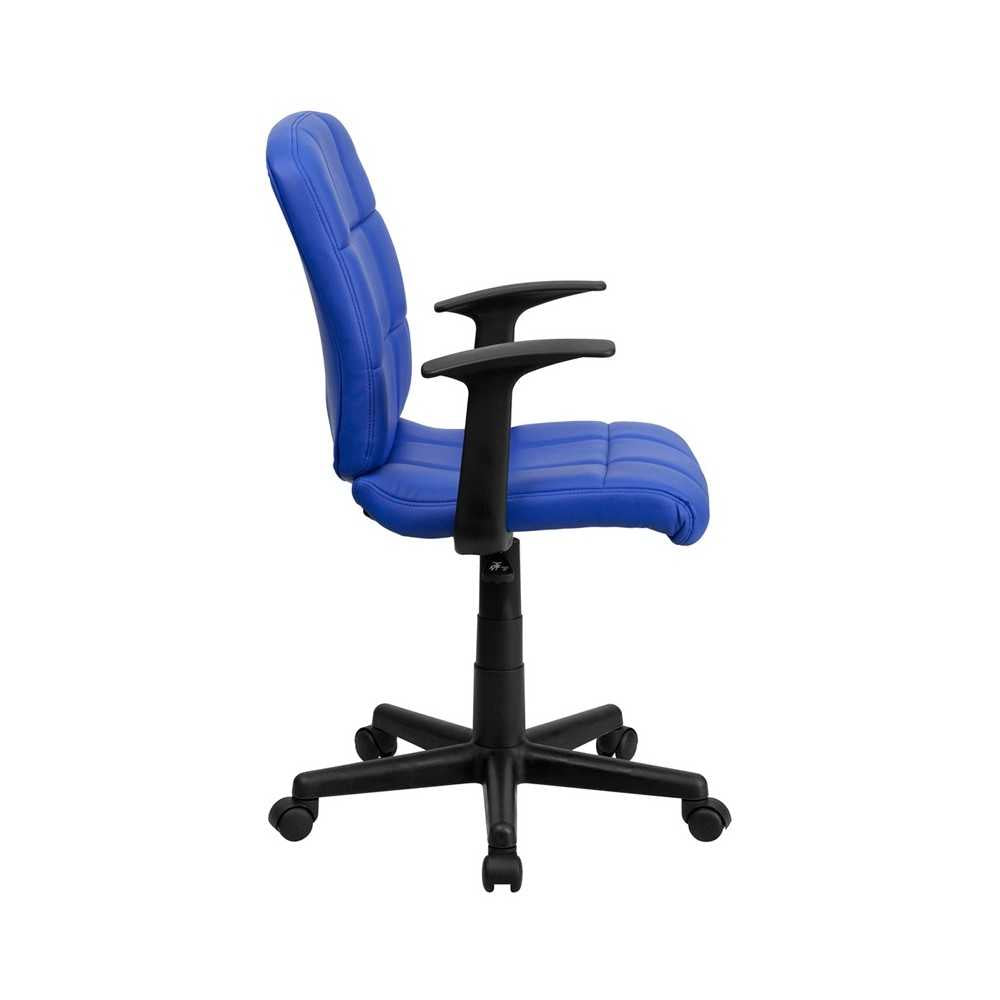 Mid-Back Blue Quilted Vinyl Swivel Task Office Chair with Arms