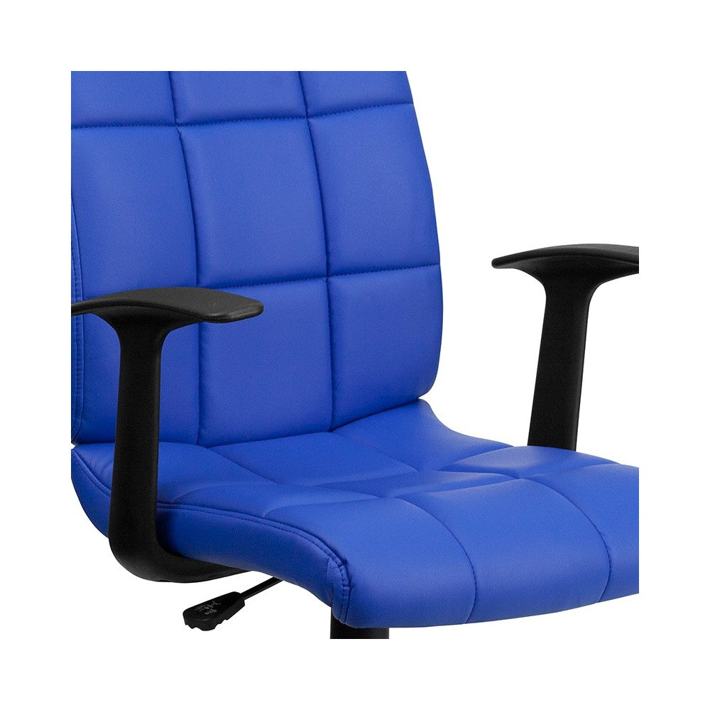 Mid-Back Blue Quilted Vinyl Swivel Task Office Chair with Arms