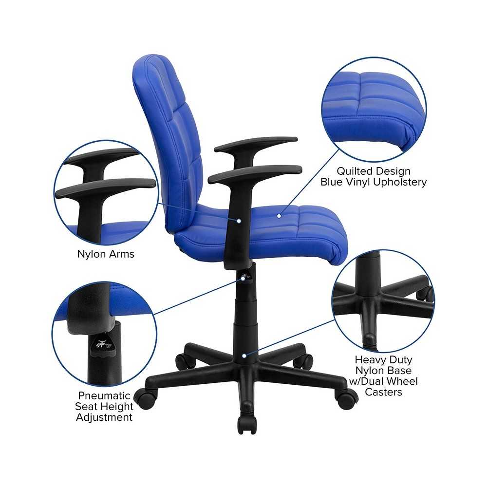 Mid-Back Blue Quilted Vinyl Swivel Task Office Chair with Arms