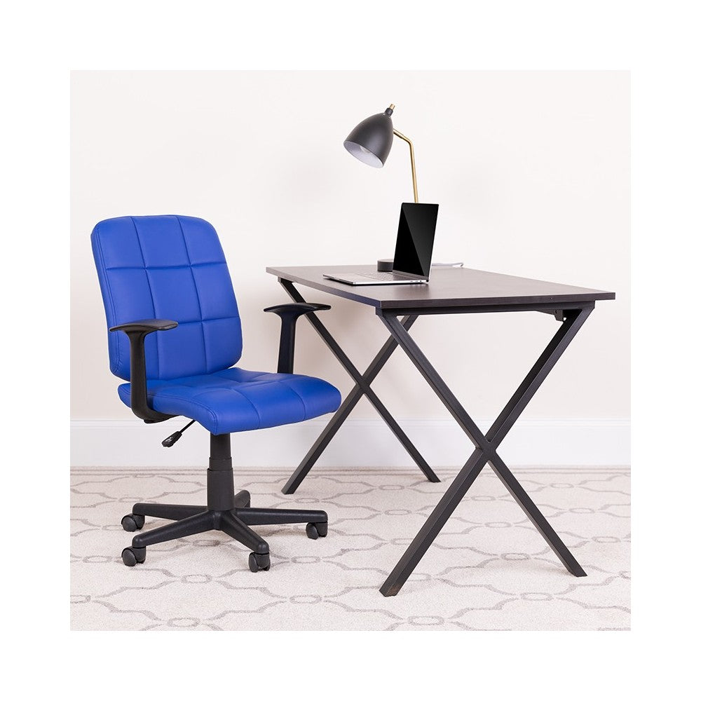 Mid-Back Blue Quilted Vinyl Swivel Task Office Chair with Arms