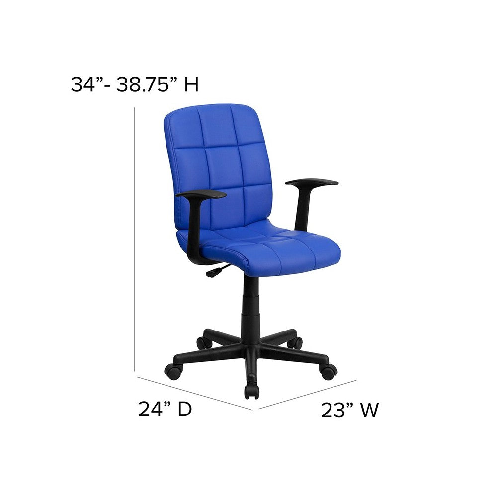 Mid-Back Blue Quilted Vinyl Swivel Task Office Chair with Arms