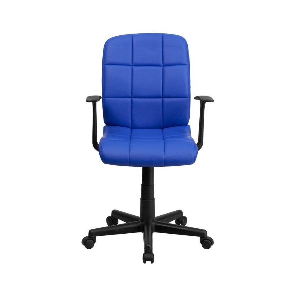 Mid-Back Blue Quilted Vinyl Swivel Task Office Chair with Arms