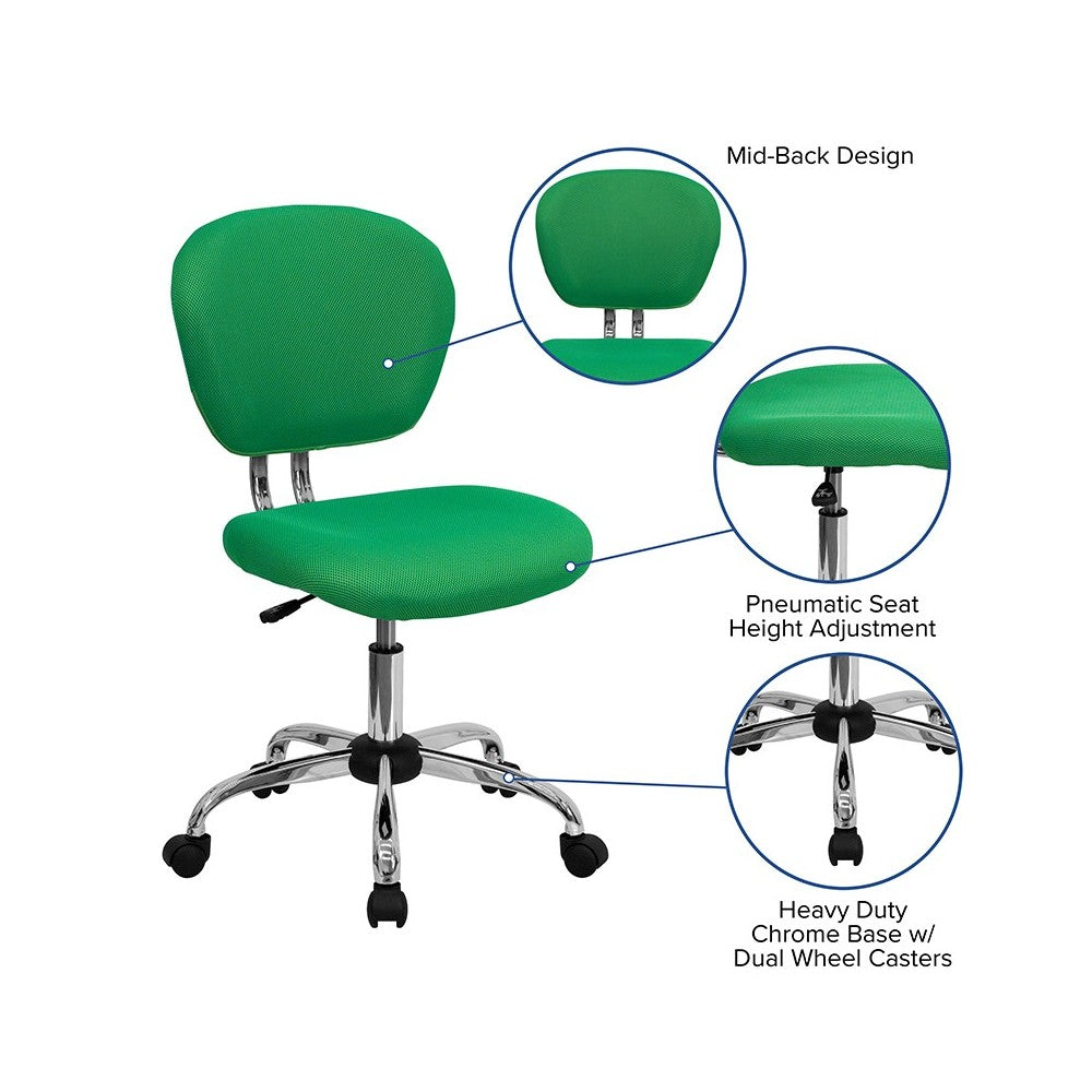 Mid-Back Bright Green Mesh Padded Swivel Task Office Chair with Chrome Base