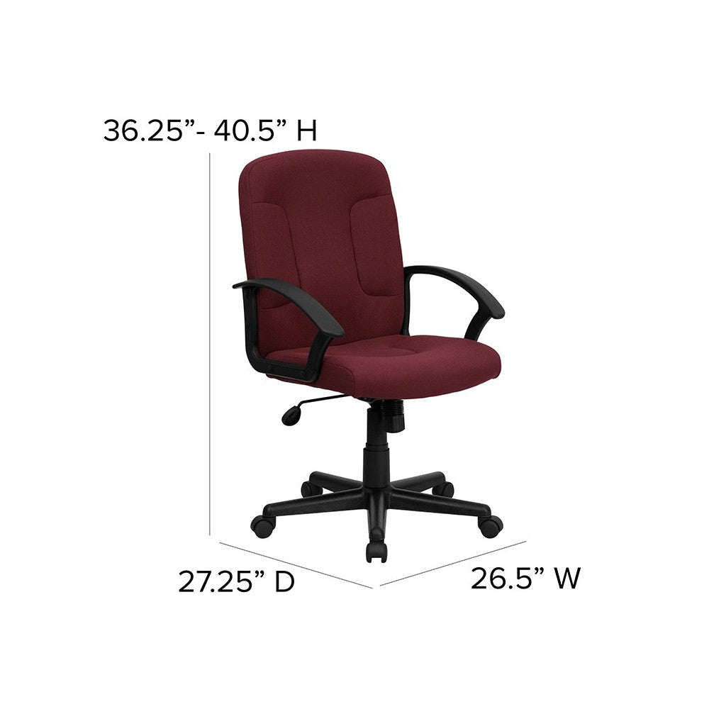 Mid-Back Burgundy Fabric Executive Swivel Office Chair with Nylon Arms
