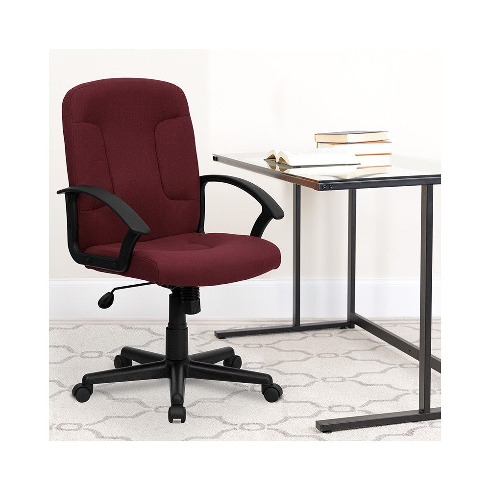 Mid-Back Burgundy Fabric Executive Swivel Office Chair with Nylon Arms