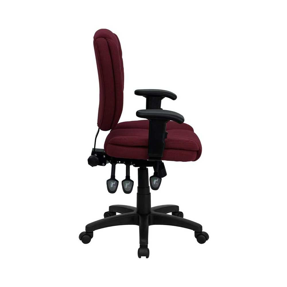 Mid-Back Burgundy Fabric Multifunction Swivel Ergonomic Task Office Chair with Pillow Top Cushioning and Arms