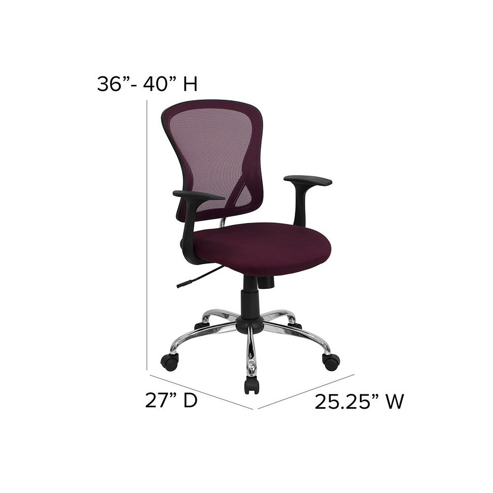 Mid-Back Burgundy Mesh Swivel Task Office Chair with Chrome Base and Arms