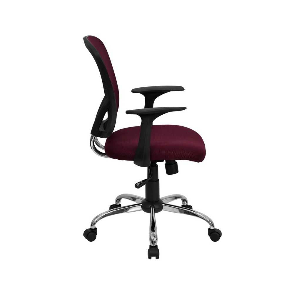 Mid-Back Burgundy Mesh Swivel Task Office Chair with Chrome Base and Arms