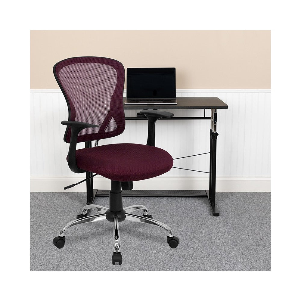 Mid-Back Burgundy Mesh Swivel Task Office Chair with Chrome Base and Arms