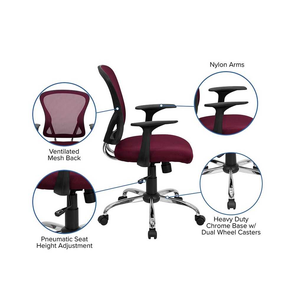 Mid-Back Burgundy Mesh Swivel Task Office Chair with Chrome Base and Arms