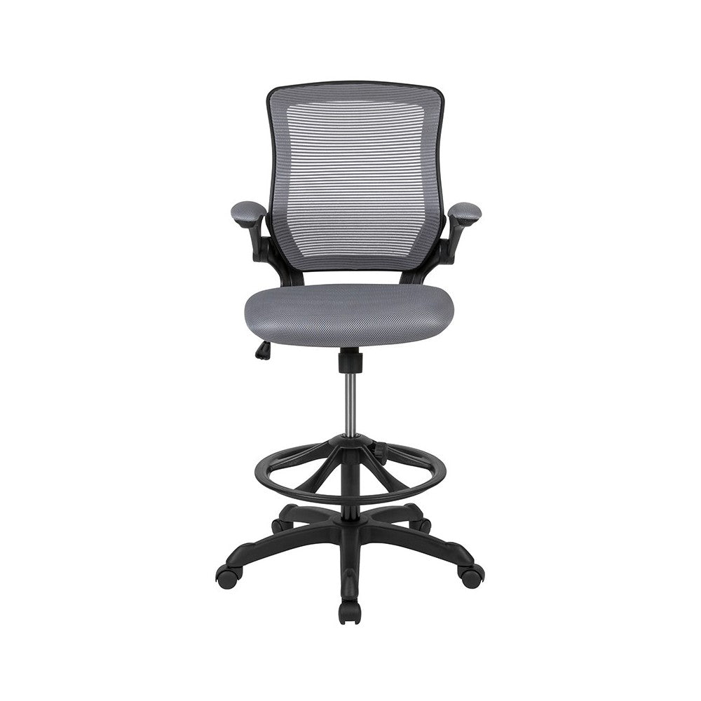 Mid-Back Dark Gray Mesh Ergonomic Drafting Chair with Adjustable Foot Ring and Flip-Up Arms