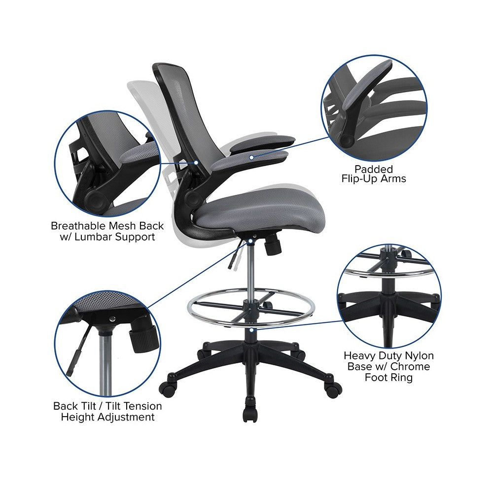 Mid-Back Dark Gray Mesh Ergonomic Drafting Chair with Adjustable Foot Ring and Flip-Up Arms