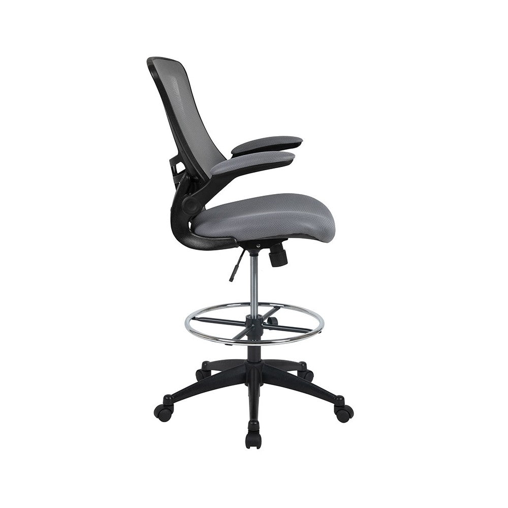 Mid-Back Dark Gray Mesh Ergonomic Drafting Chair with Adjustable Foot Ring and Flip-Up Arms
